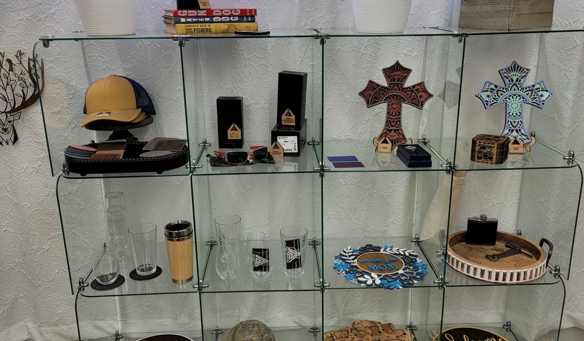 Display case of laser engraved corporate and personalized gift items