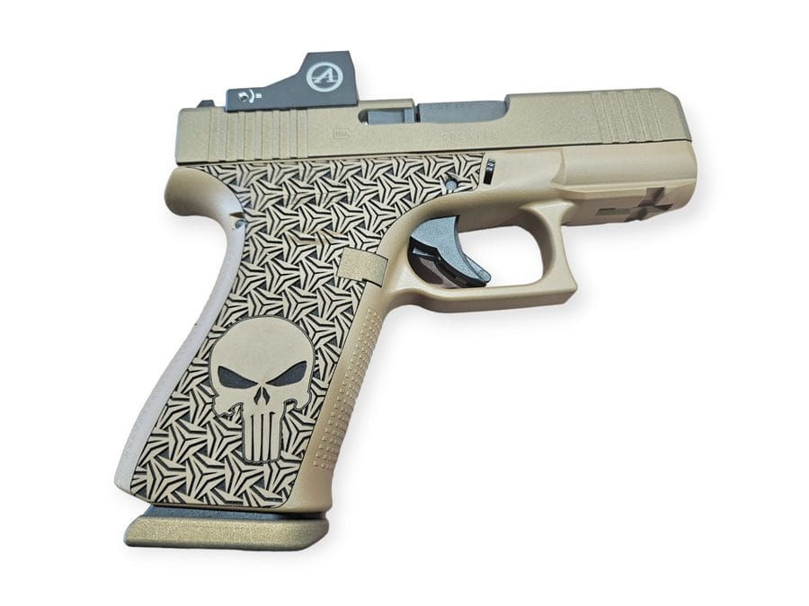 FDE Cerakote pistol with laser-stippled grip pattern